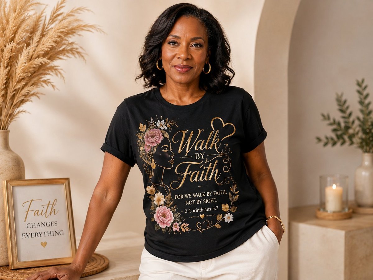 Vrouw met een zwart Walk by Faith T-shirt in een warme, rustige setting