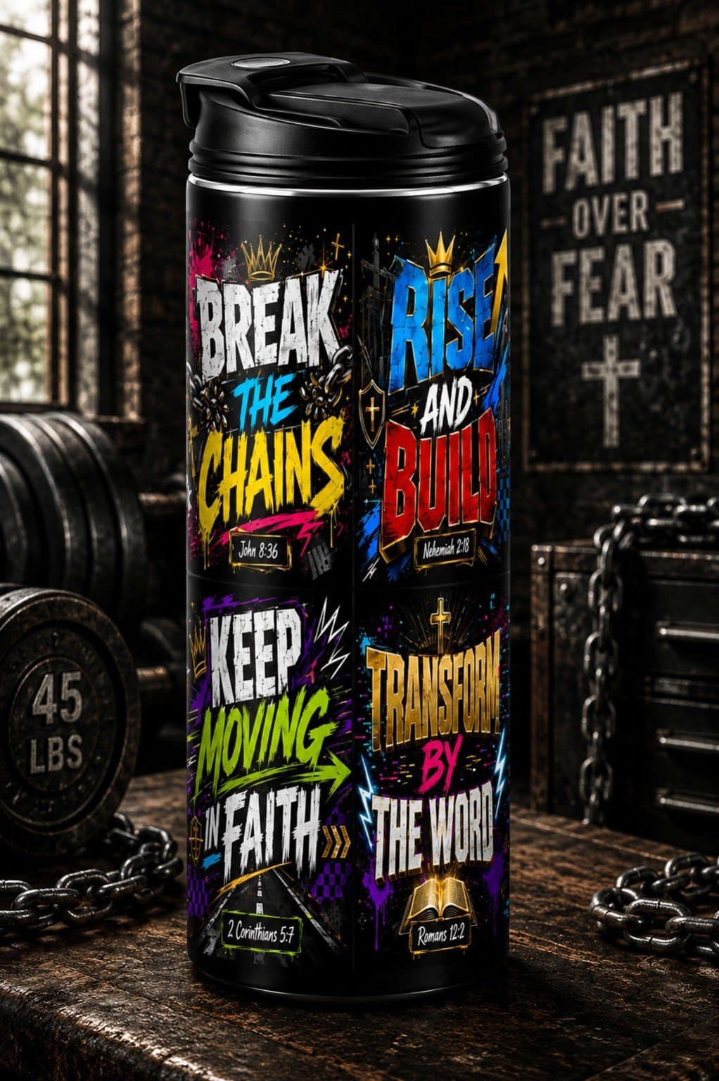 Zwarte hoge reisflask met draaggreep en Break · Rise · Keep Moving · Transform design