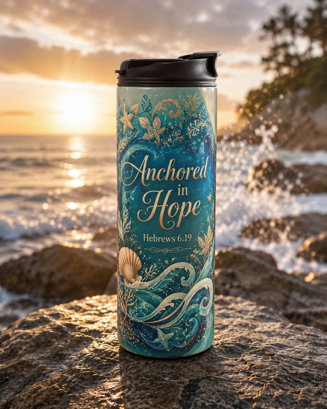 Teal insulated beker met 'Anchored in Hope' op rotsen bij zonsondergang