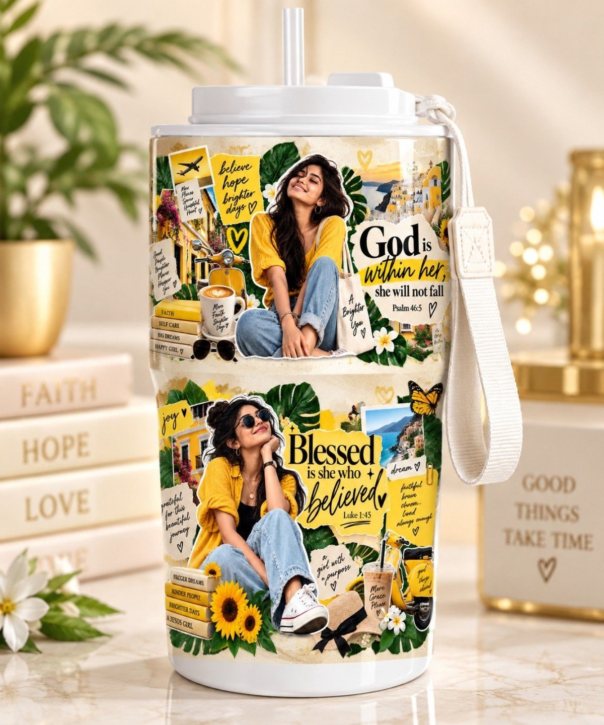 Witte travelbeker met draaglus en kleurrijk Brighter Days faith-design