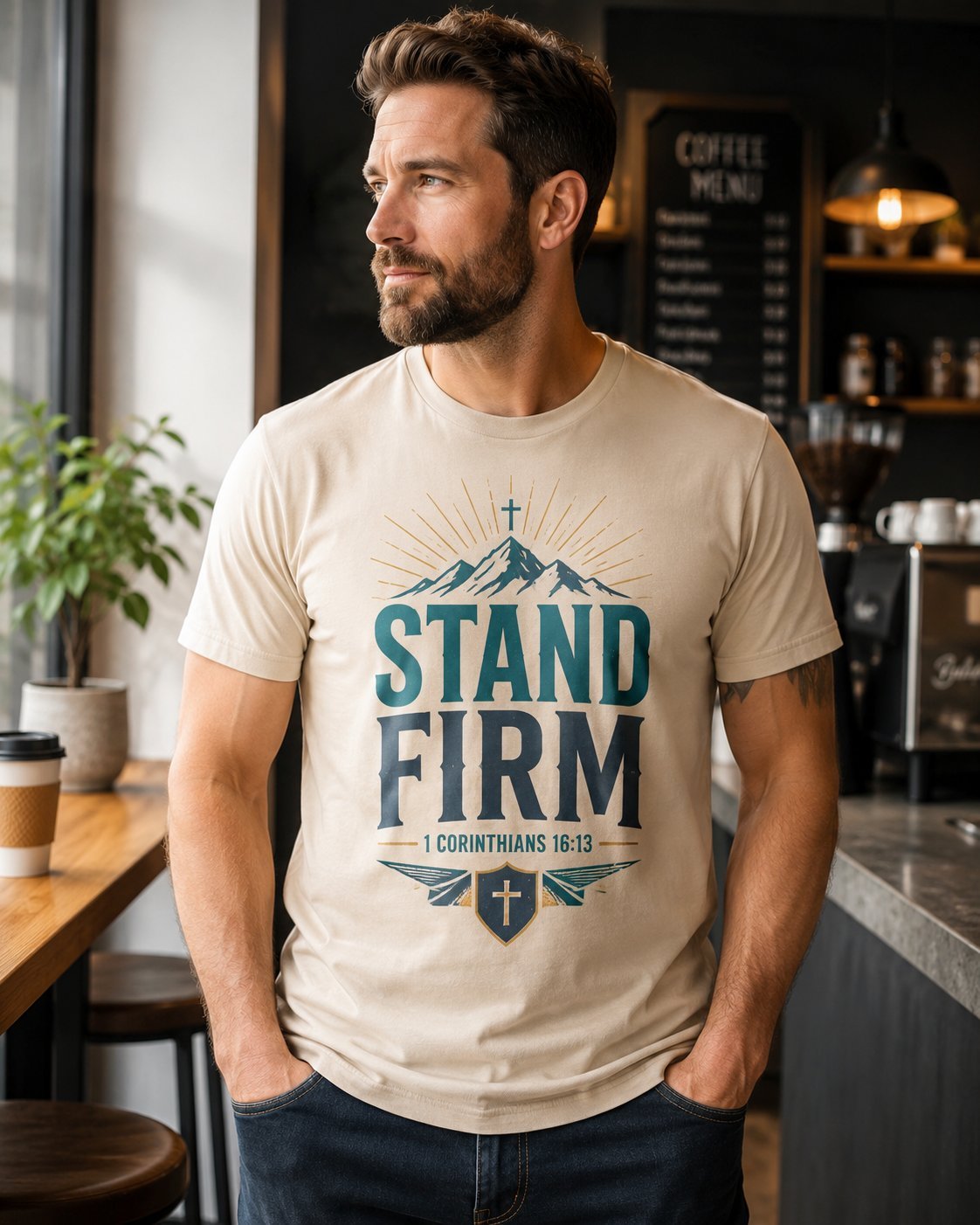Beige T-shirt met Stand Firm
