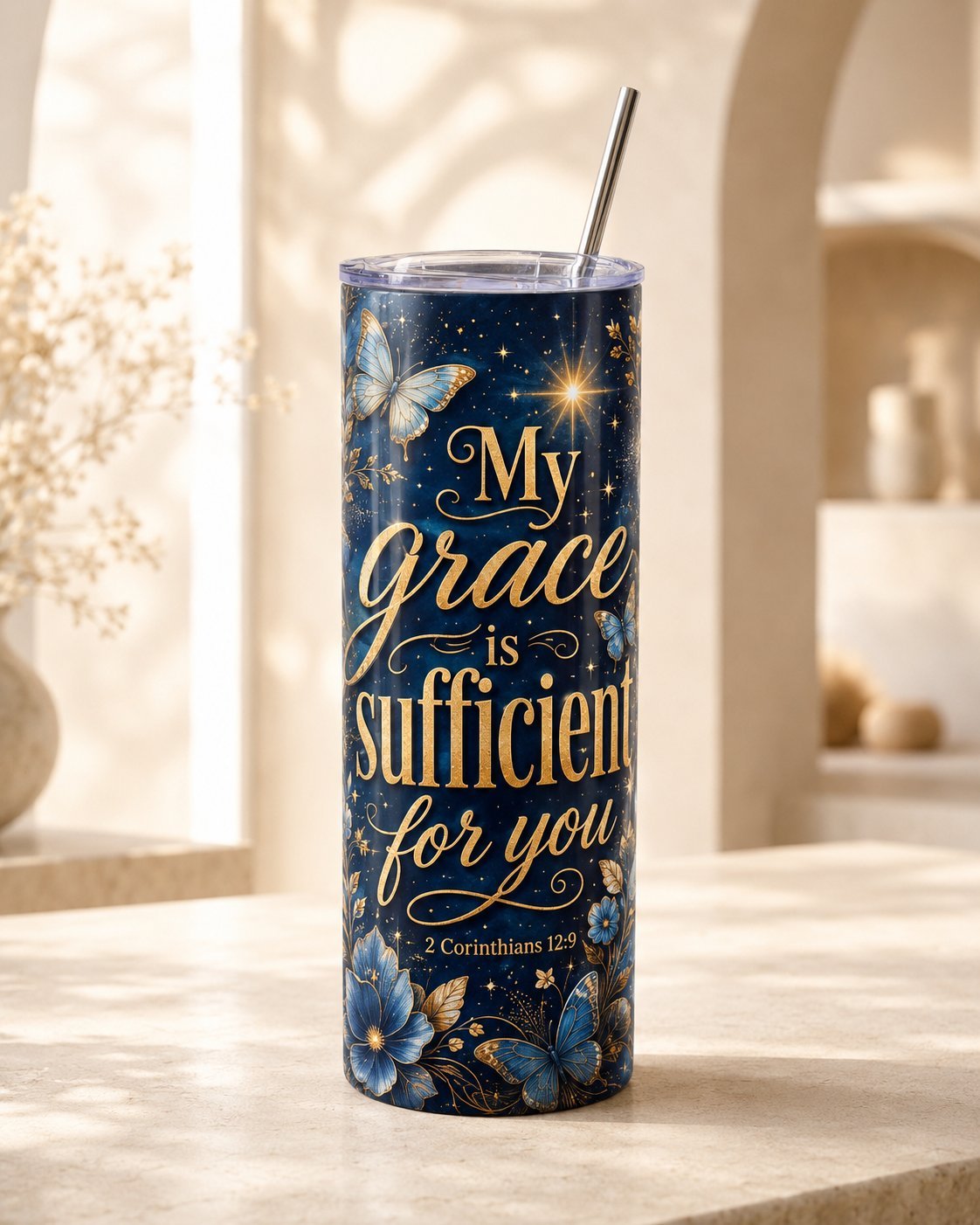 Marineblauwe beker met My Grace is Sufficient