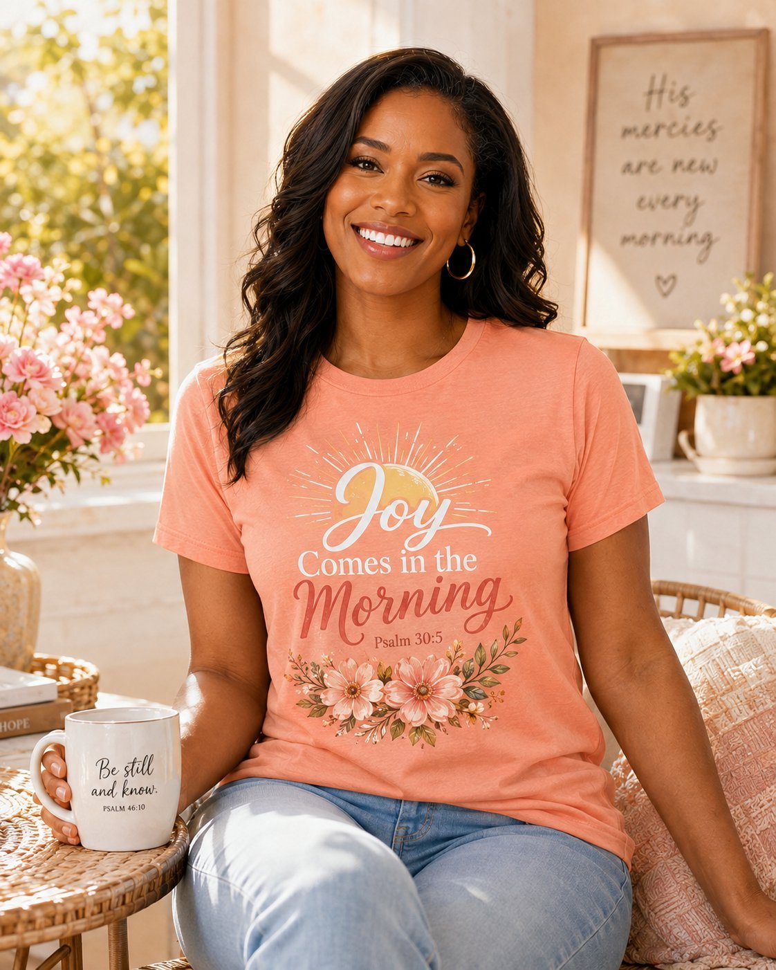 Perzik T-shirt met Joy Comes in the Morning