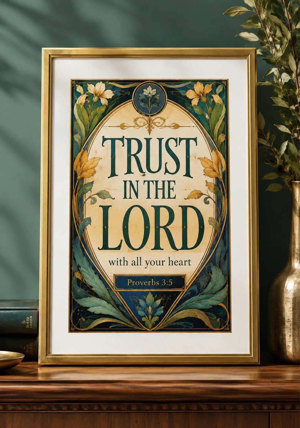Twee posters in lijst: Trust in the Lord met Proverbs 3:5 en een tweede Faith-ontwerp, gestyled op een houten kast