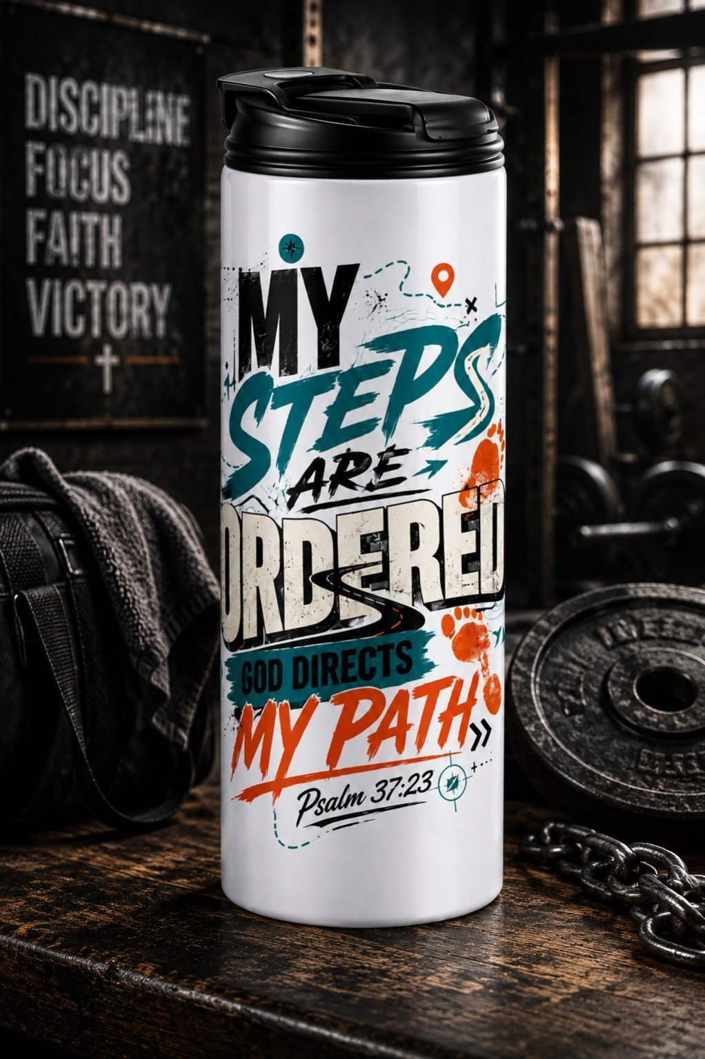 Hoge reisflask met zwart draagdeksel en My Steps Are Ordered design voor mannen