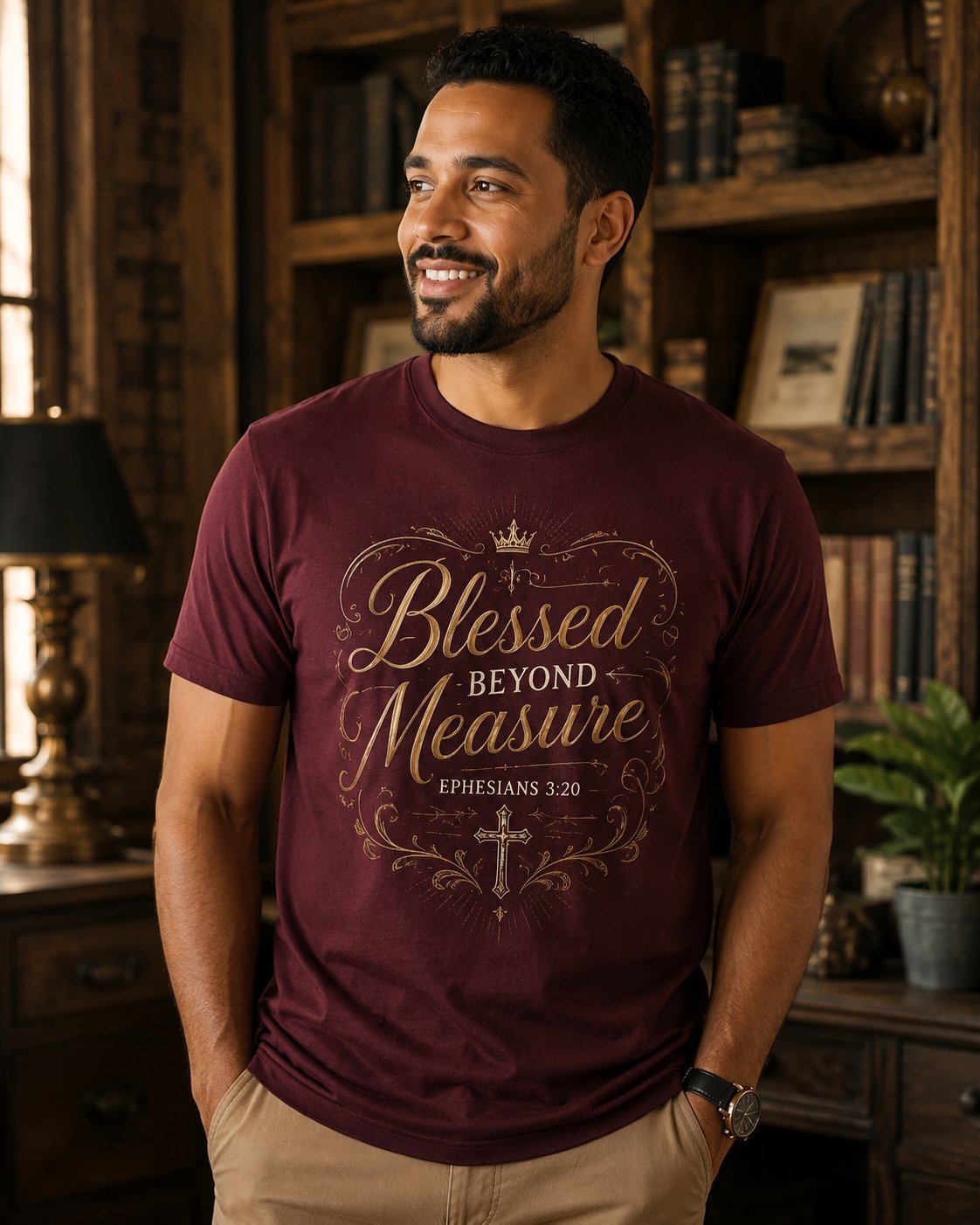 Bordeaux T-shirt met Blessed Beyond Measure
