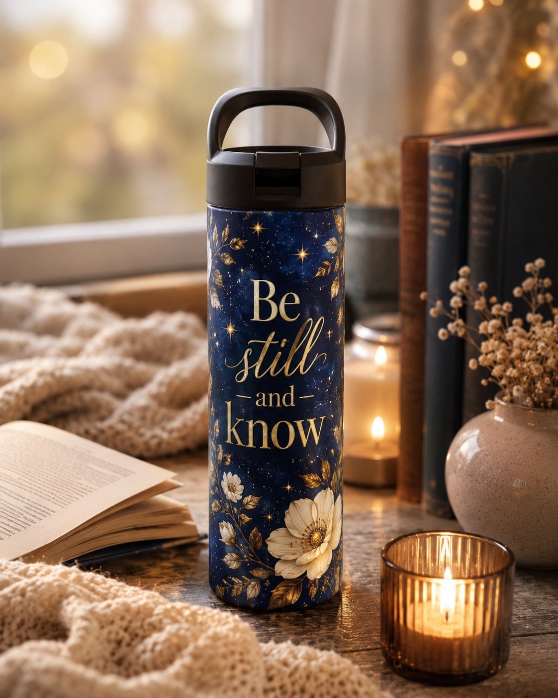 Marineblauwe fles met Be Still en goud