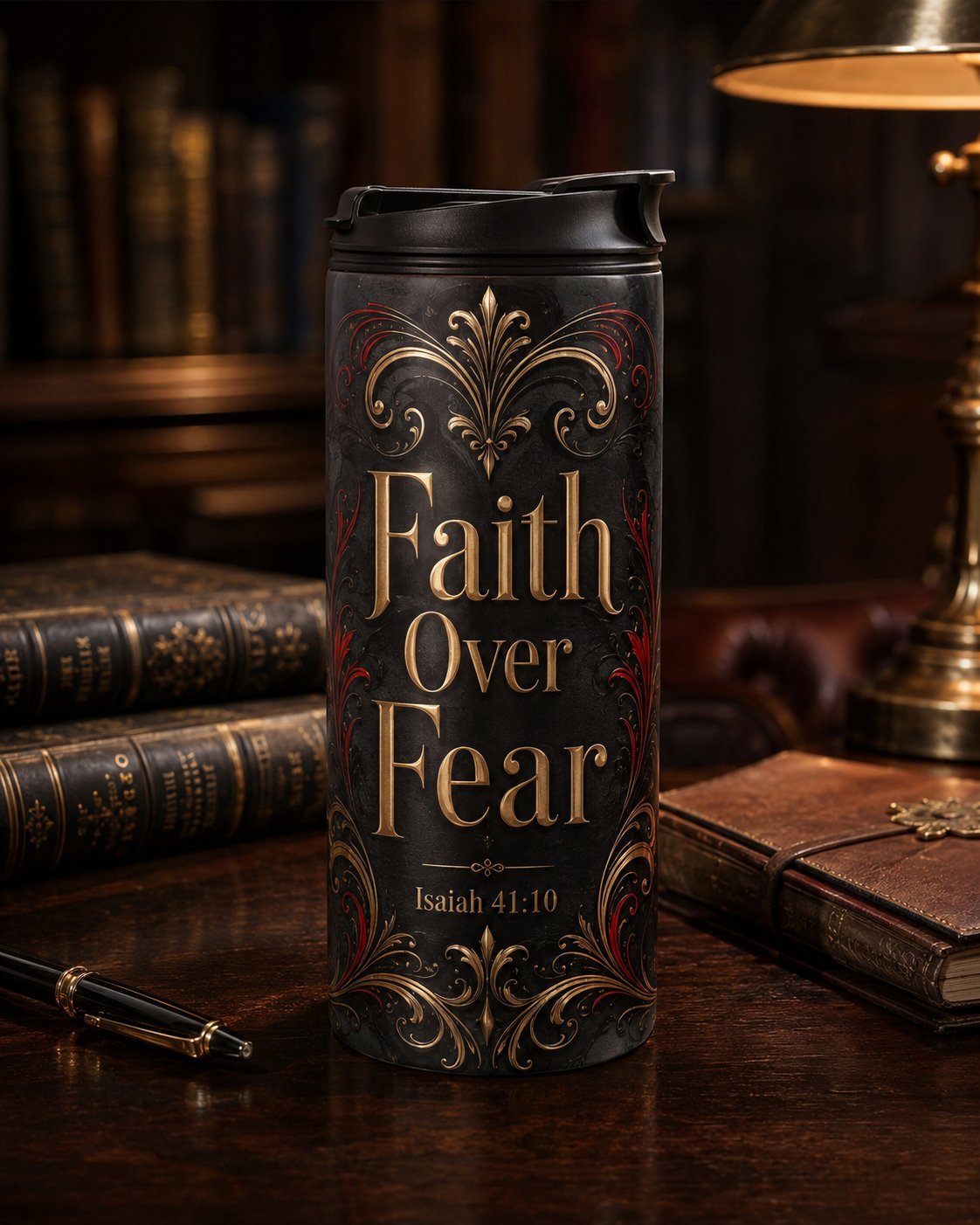 Zwarte travel mug met goud en Faith Over Fear