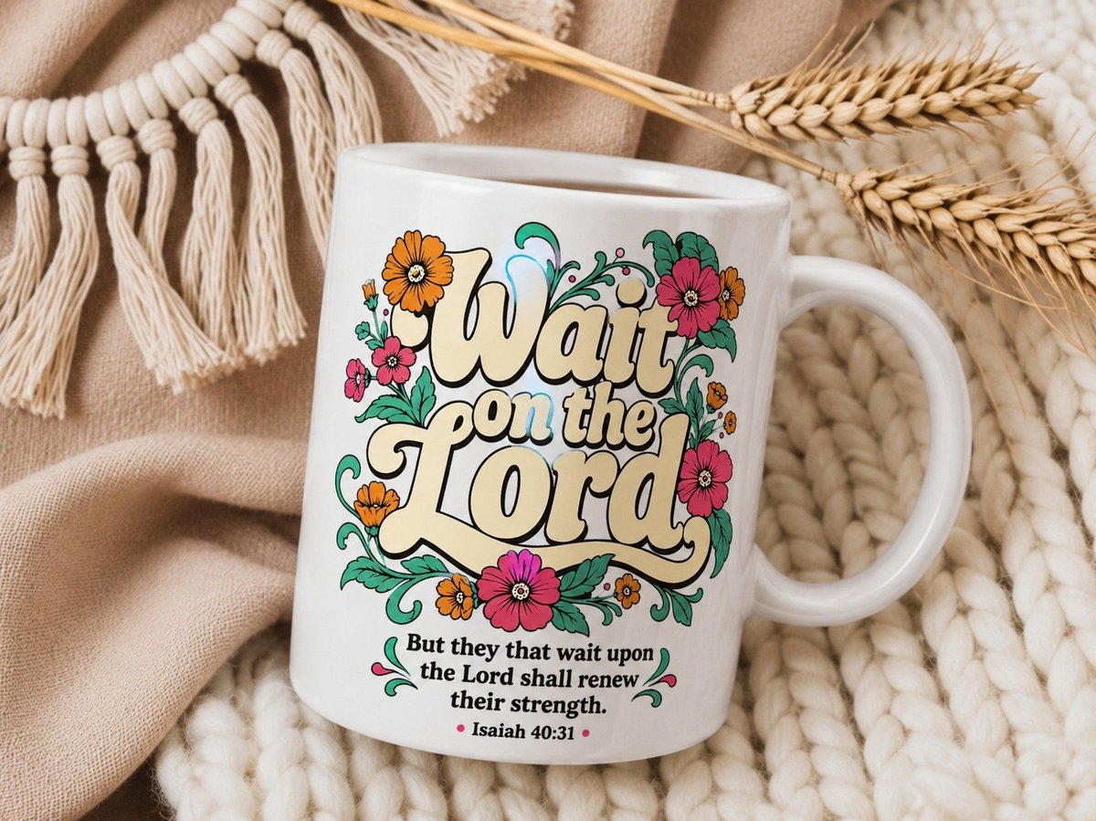 Mok met een warm 'Wait on the Lord' design