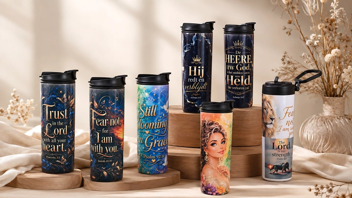 Zes geïsoleerde drinkflessen met inspirerende tekst en artwork op een houten displaystand