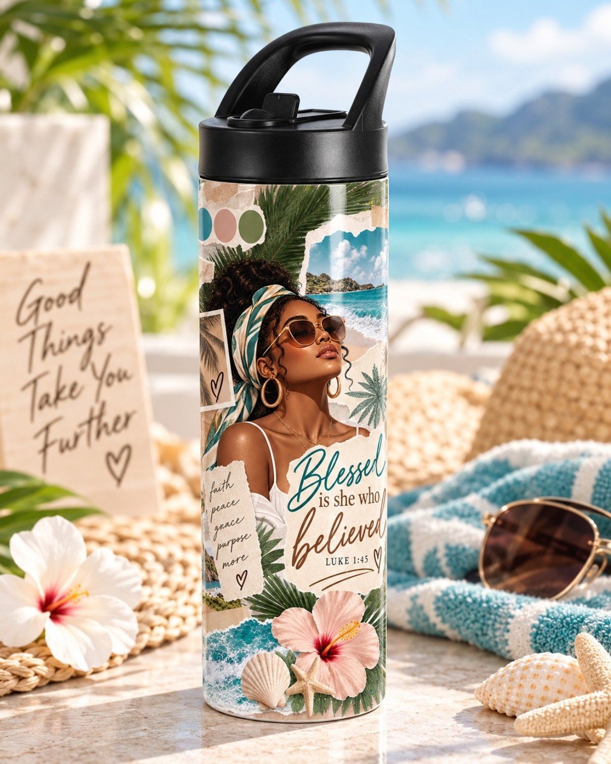 Beker met Blessed Journey design in een warme styling met boeken en bloemen