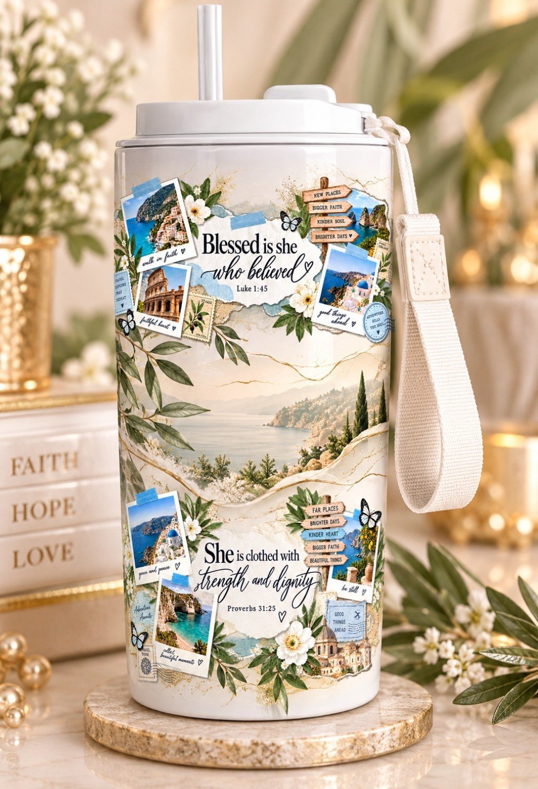 Witte travelbeker met draaglus en Blessed Journey travel faith-design