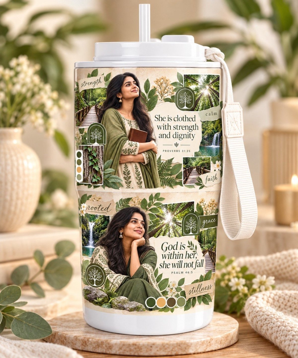 Witte travelbeker met draaglus en groen Rooted in Strength design