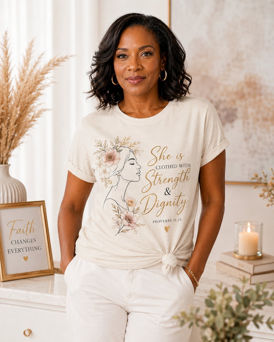 Beige T-shirt met Strength & Dignity