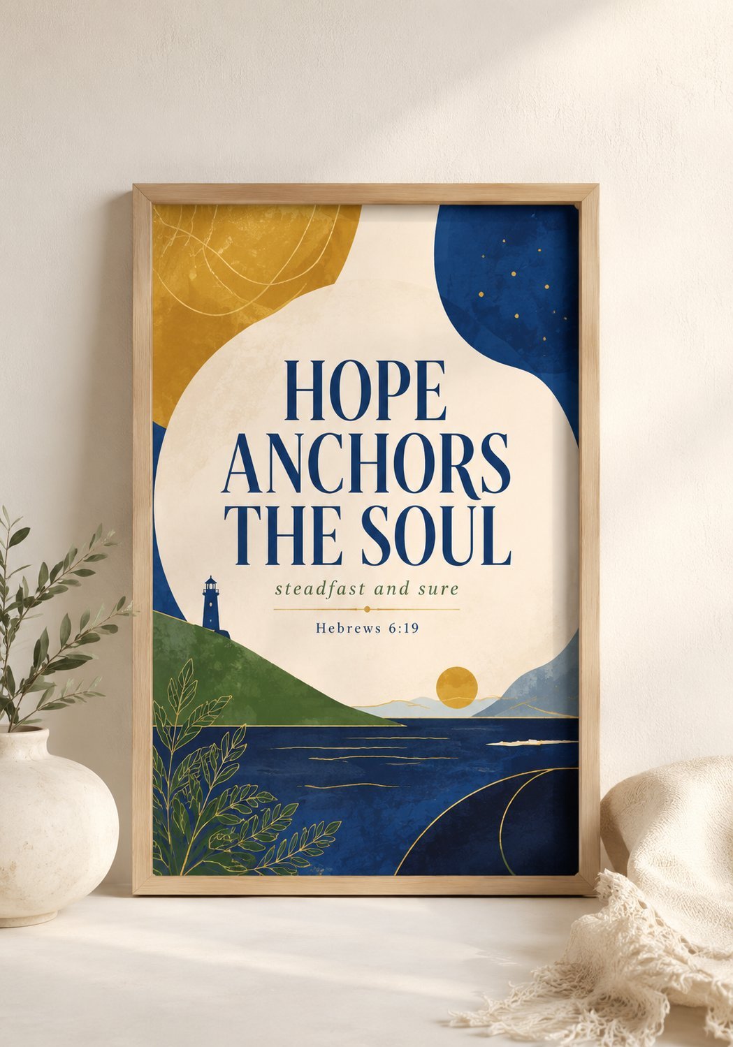 Ingelijste poster Hope Anchors the Soul met kustlandschap in blauw en goud