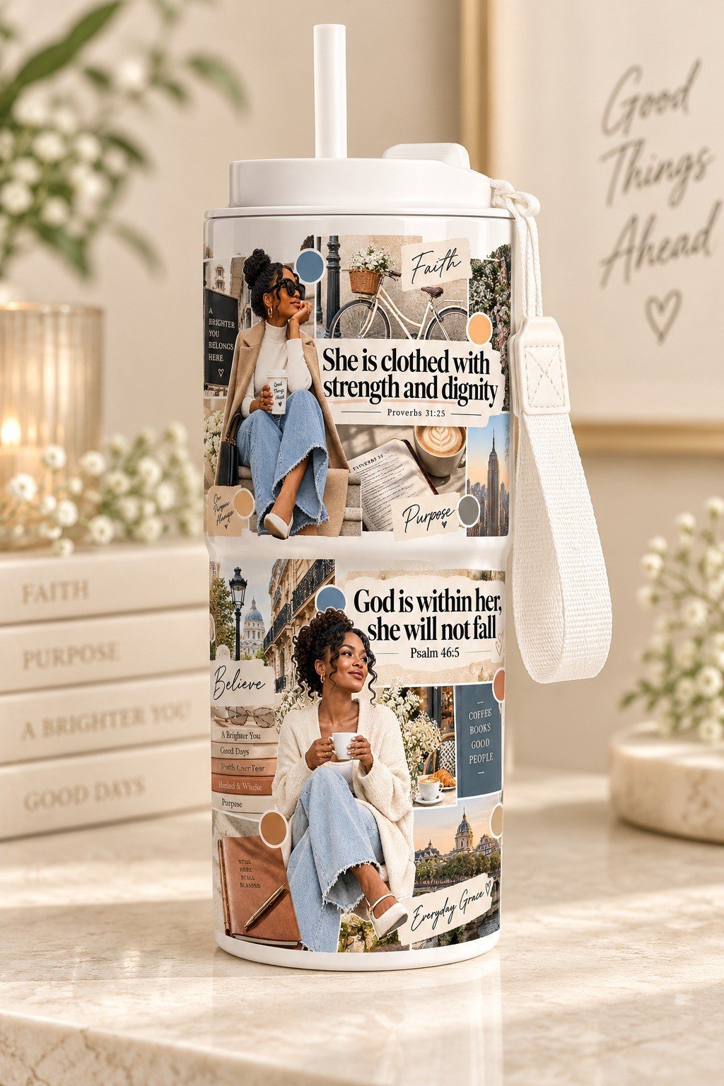 Witte travelbeker met draaglus en City Grace Strength & Dignity design