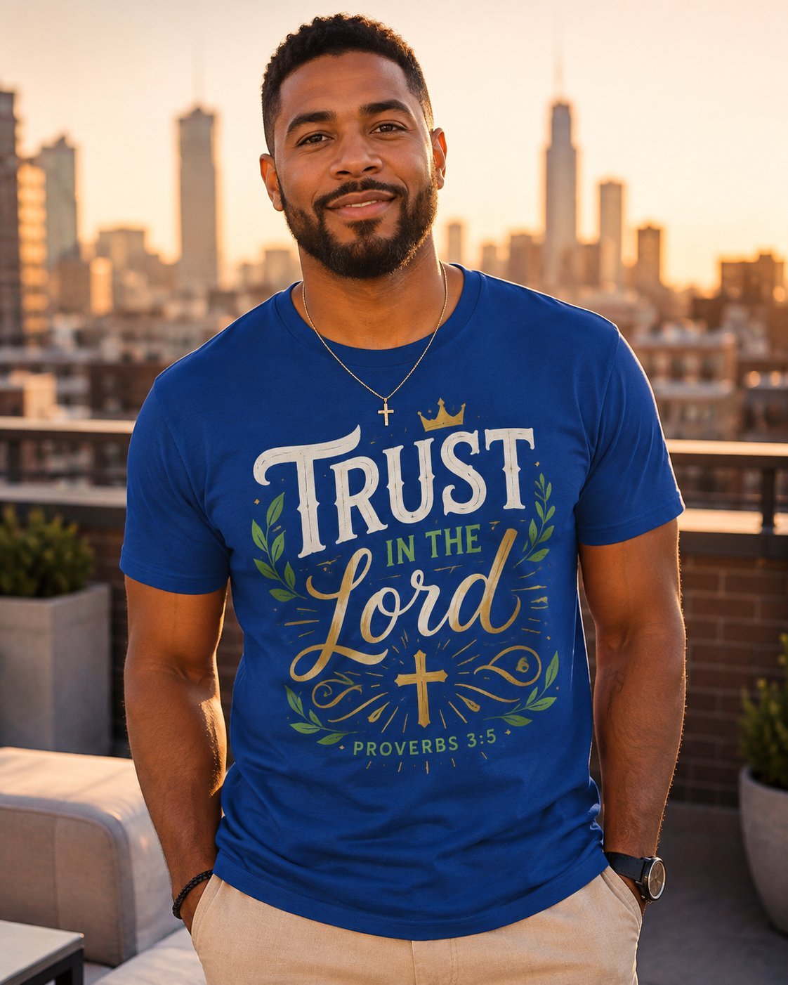 Kobaltblauw T-shirt met Trust in the Lord