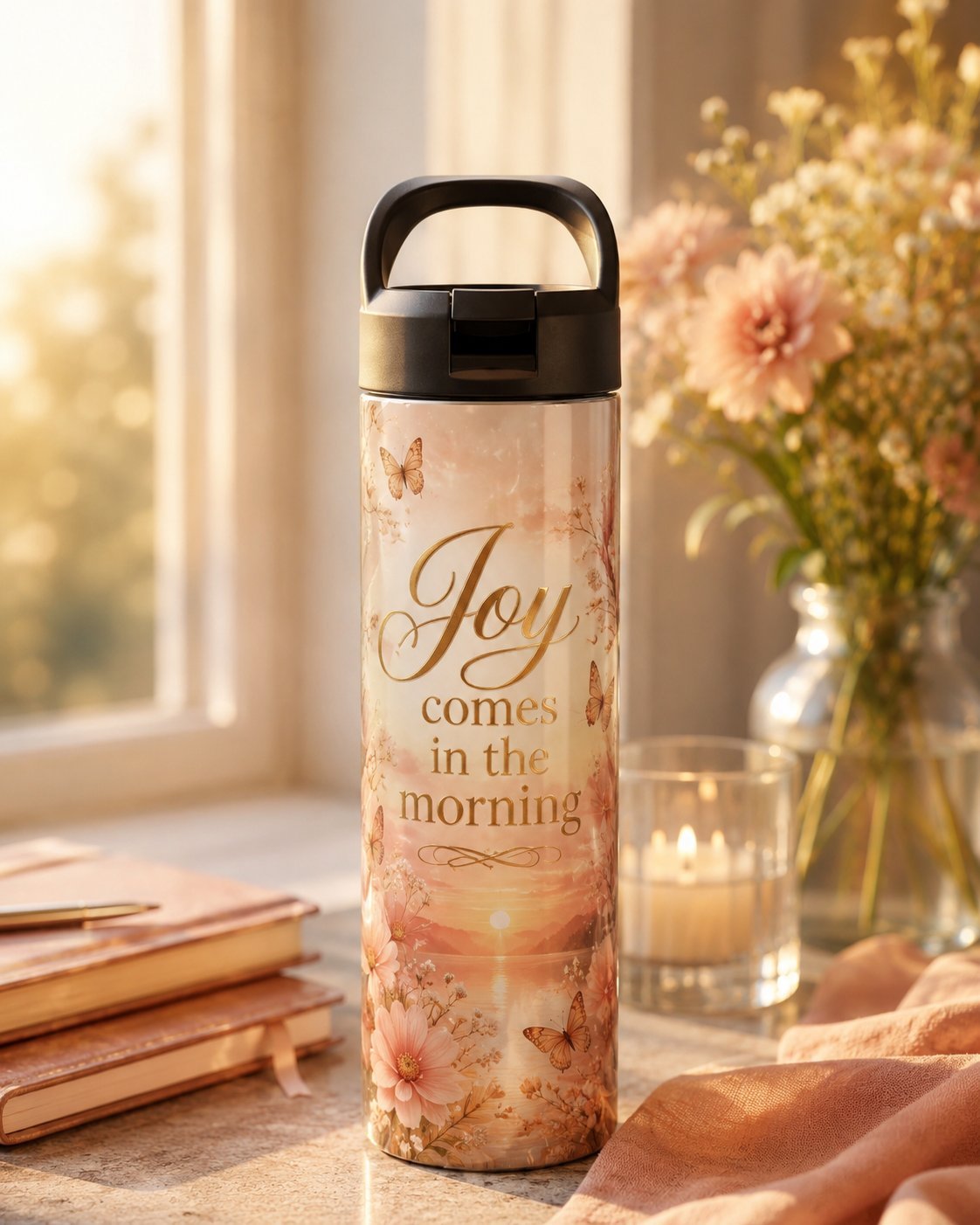 Fles met Joy Comes in the Morning en bloemen