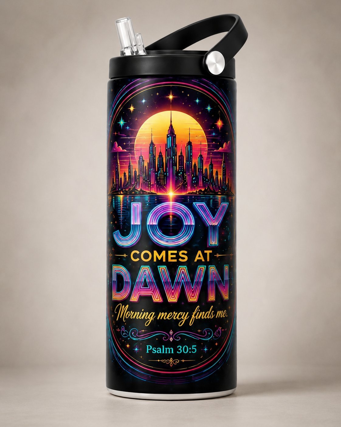 Zwarte fles met 'Joy Comes at Dawn' design