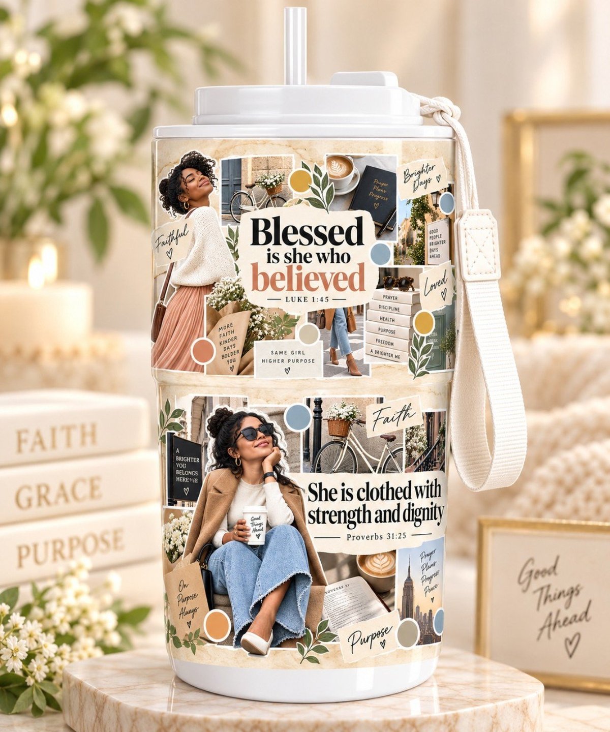 Witte travelbeker met draaglus en Blessed Purpose lifestyle-design