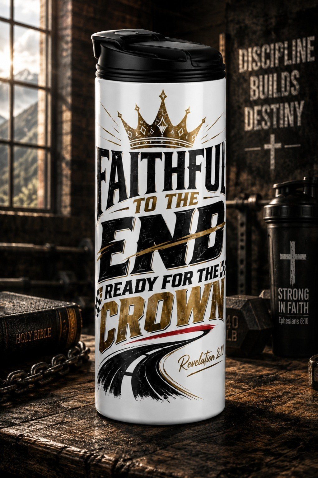 Hoge reisflask met zwart draagdeksel en Faithful to the End design met kroon