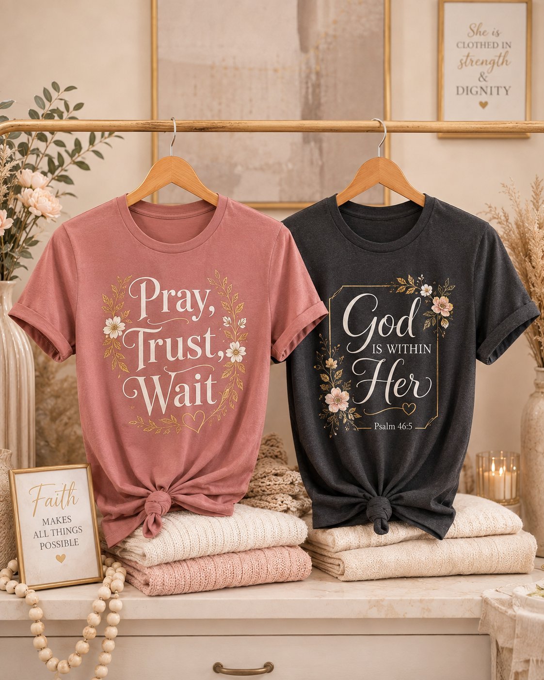 Roze T-shirt met Pray, Trust, Wait