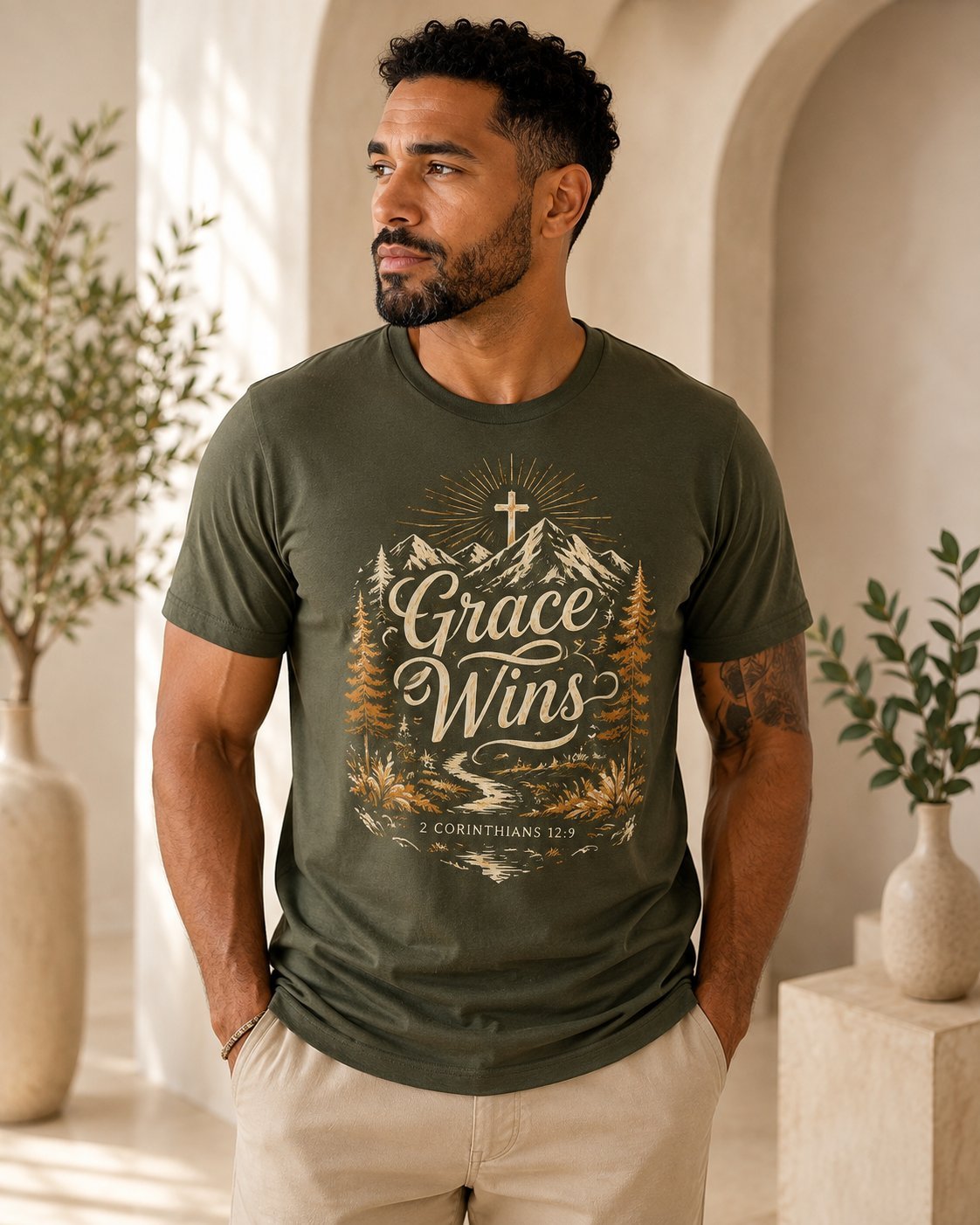 Olijfgroen T-shirt met Grace Wins