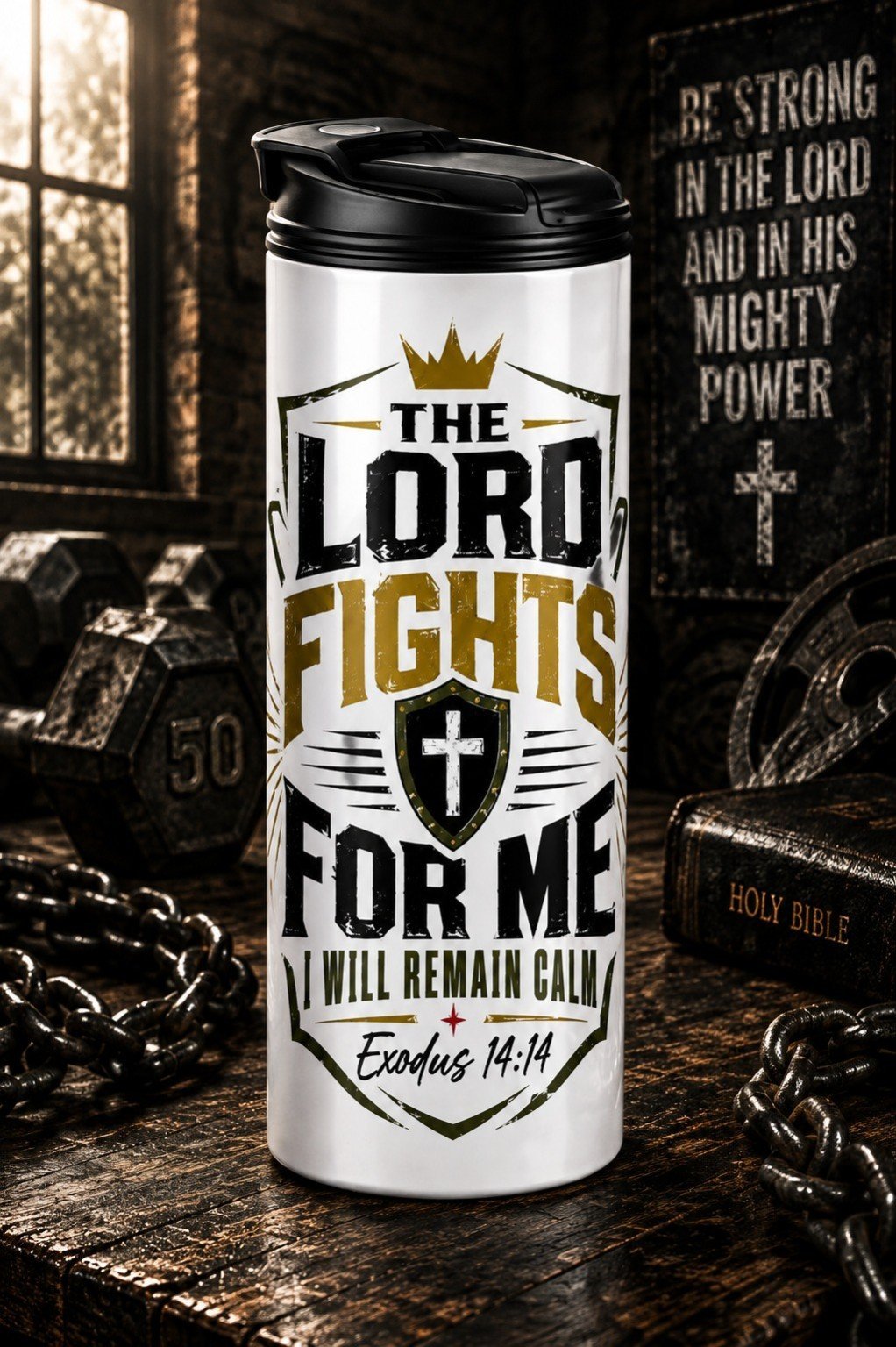 Hoge reisflask met zwart draagdeksel en The Lord Fights for Me design met kroon en kruis