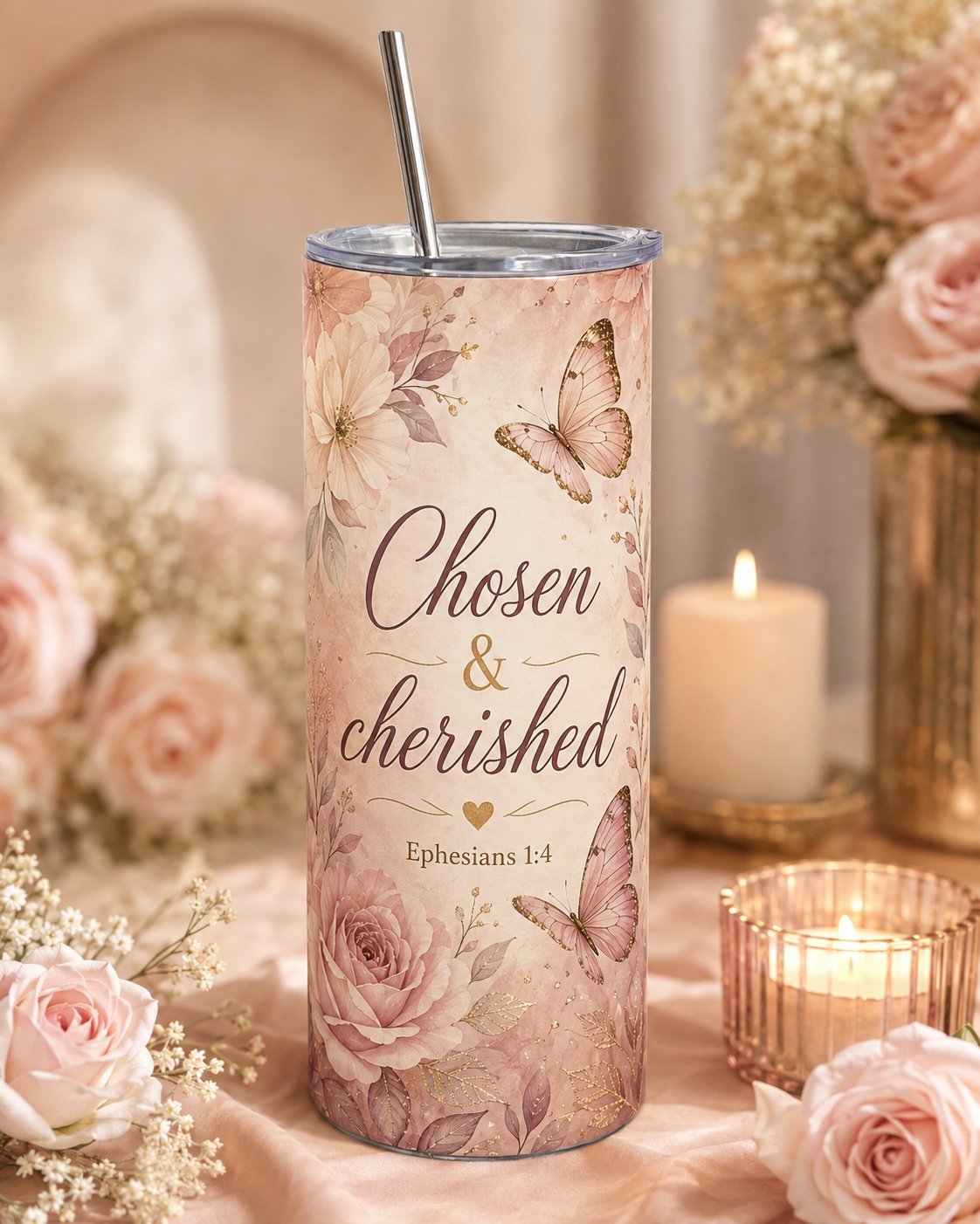 Roze bloemenbeker met Chosen & Cherished