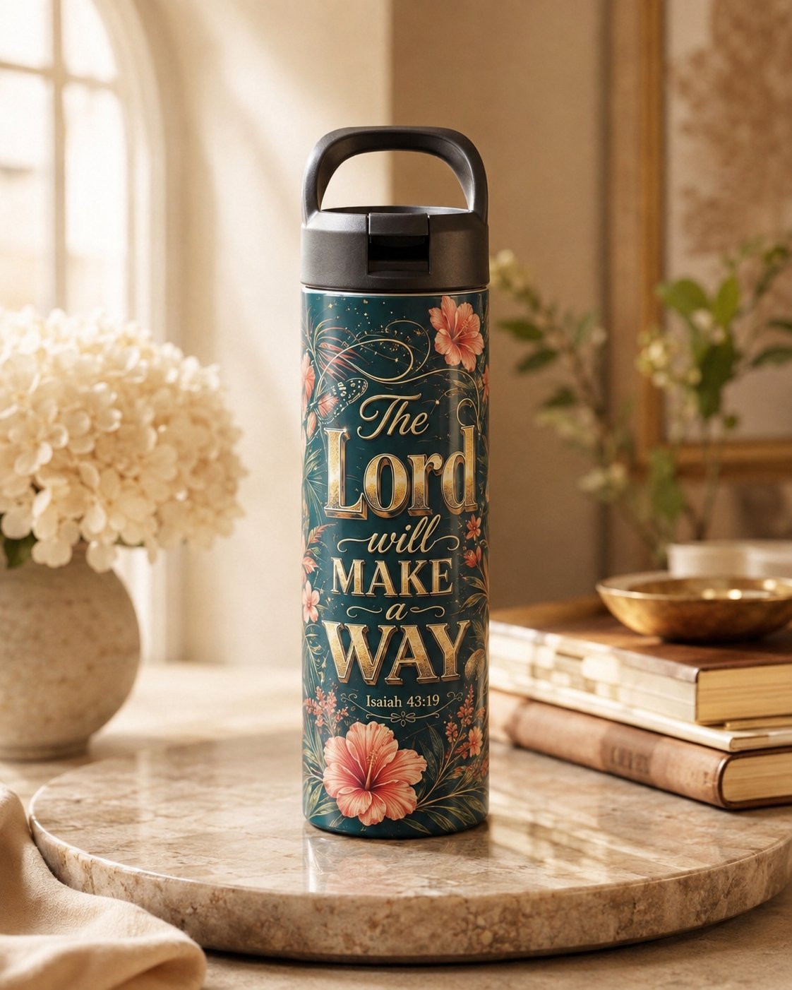Groen-blauwe fles met The Lord Will Make a Way