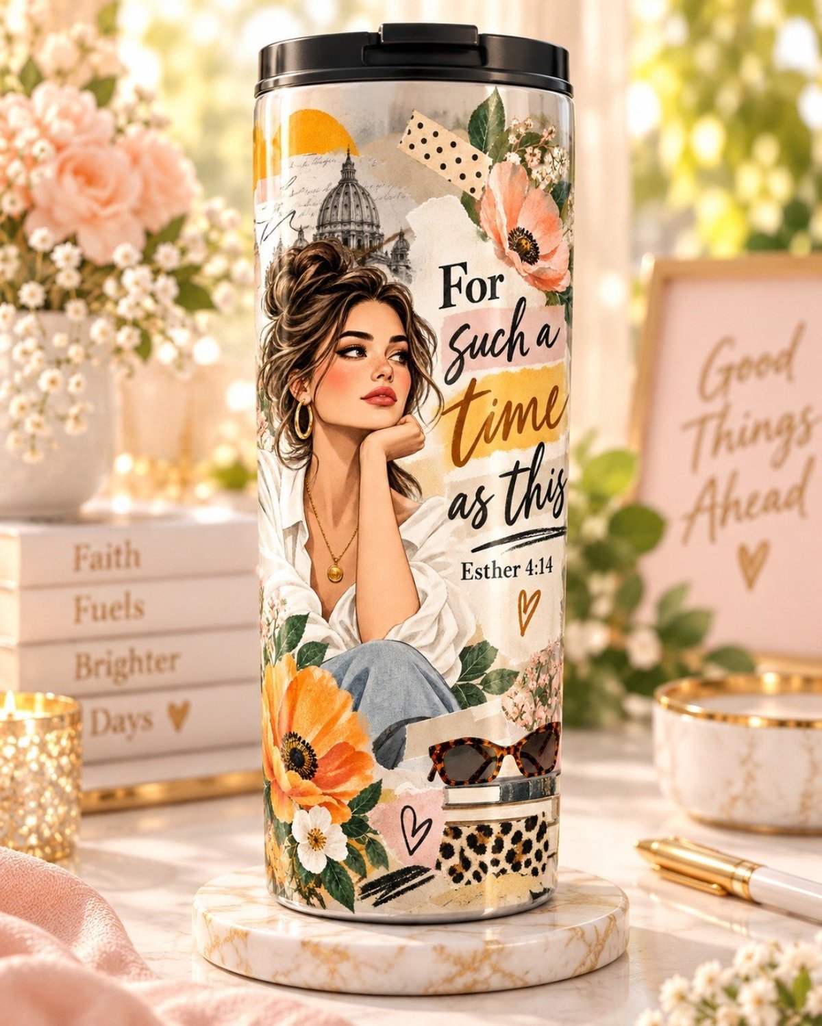 Beker met Blessed Purpose design in een warme styling met bloemen en boeken