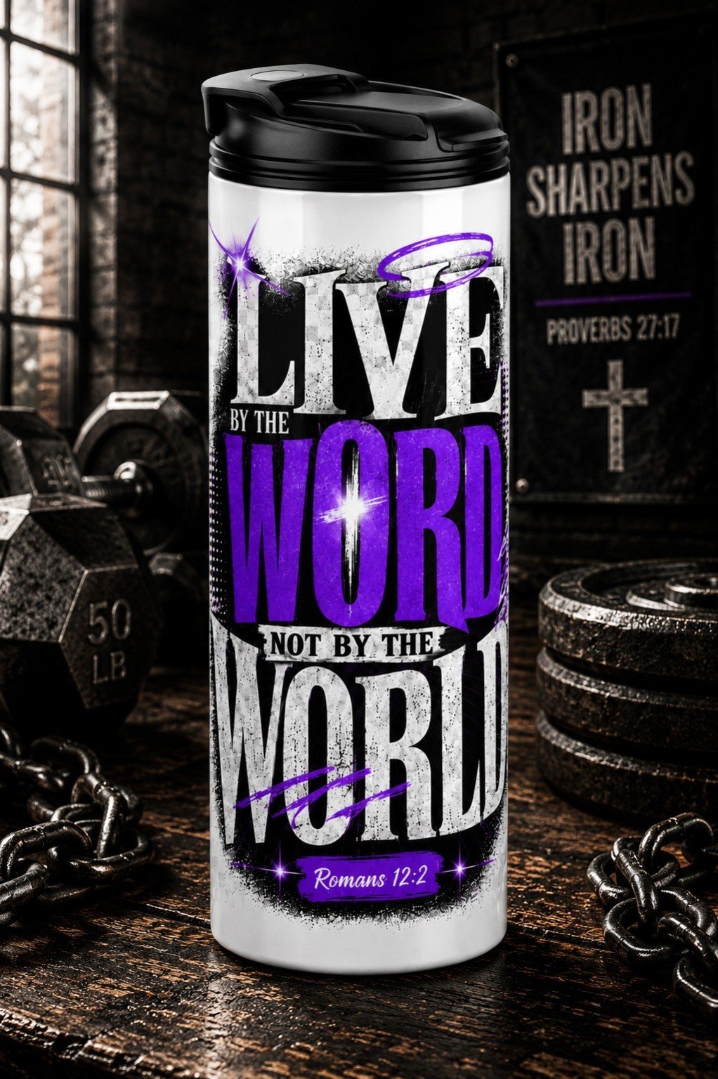 Hoge reisflask met zwart draagdeksel en Live by the Word Faith-design voor mannen