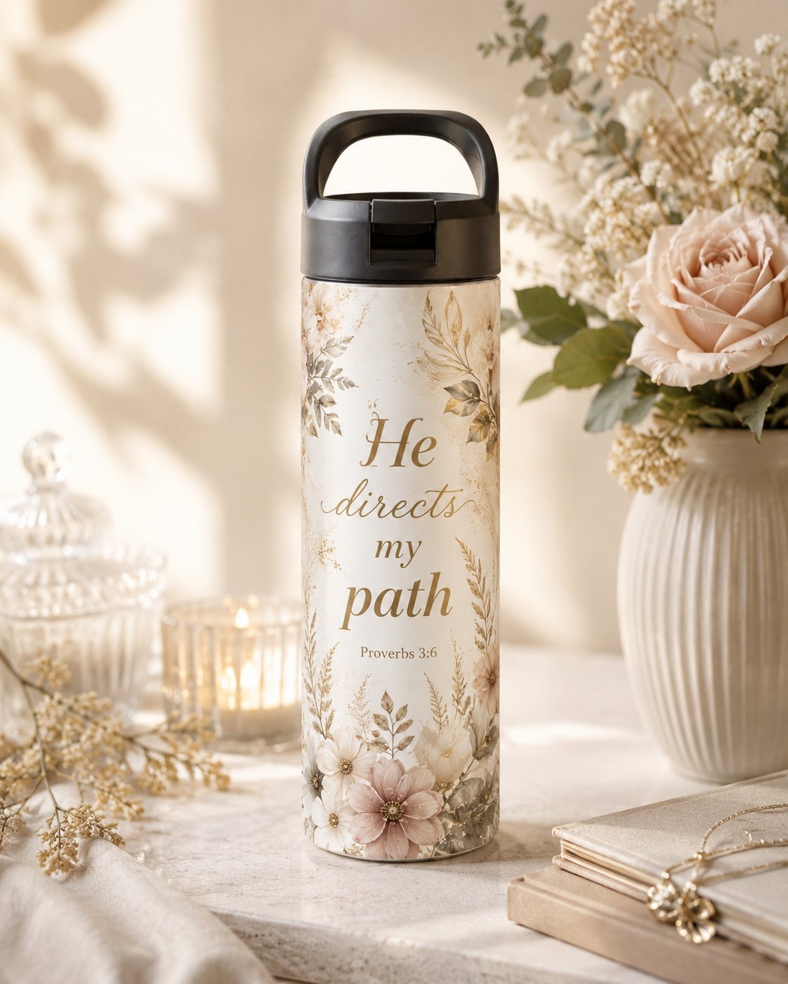 Witte fles met gouden bloemmotief en He Directs My Path