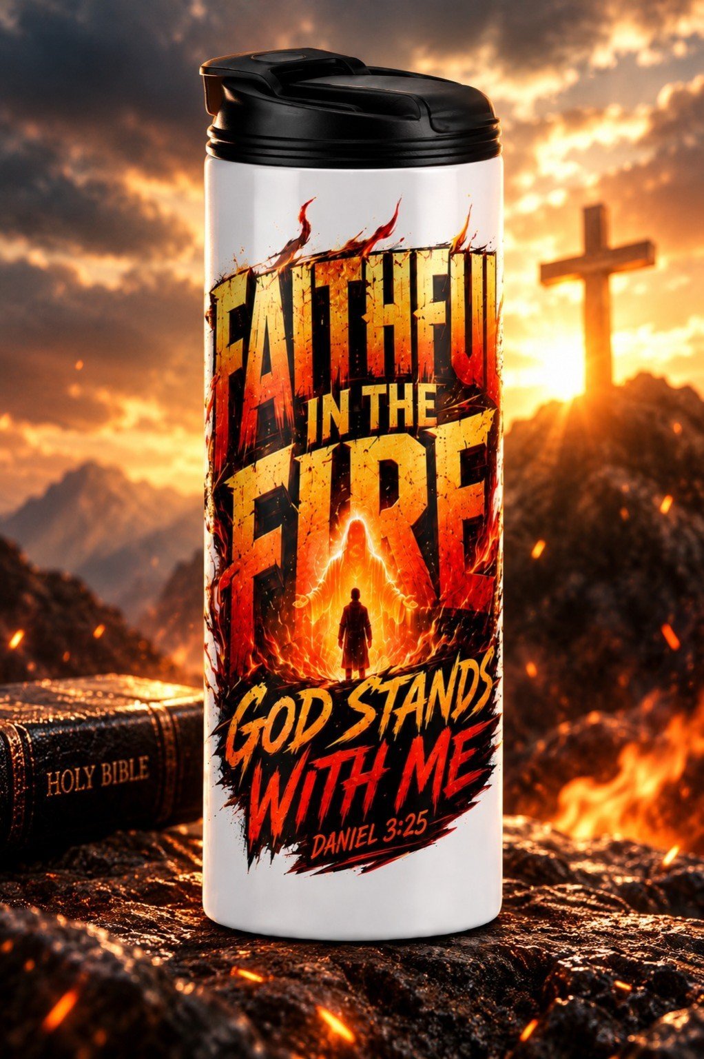 Hoge reisflask met draaggreep en Faithful in the Fire design met vlammen en kruis