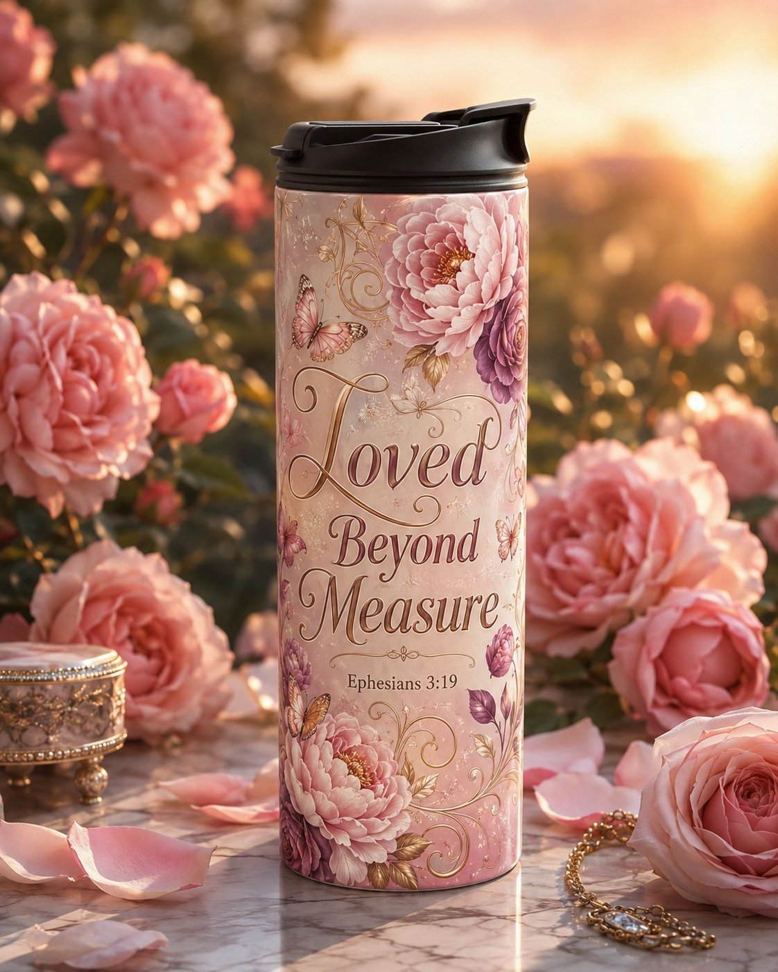 Travel mug met bloemen en Loved Beyond Measure