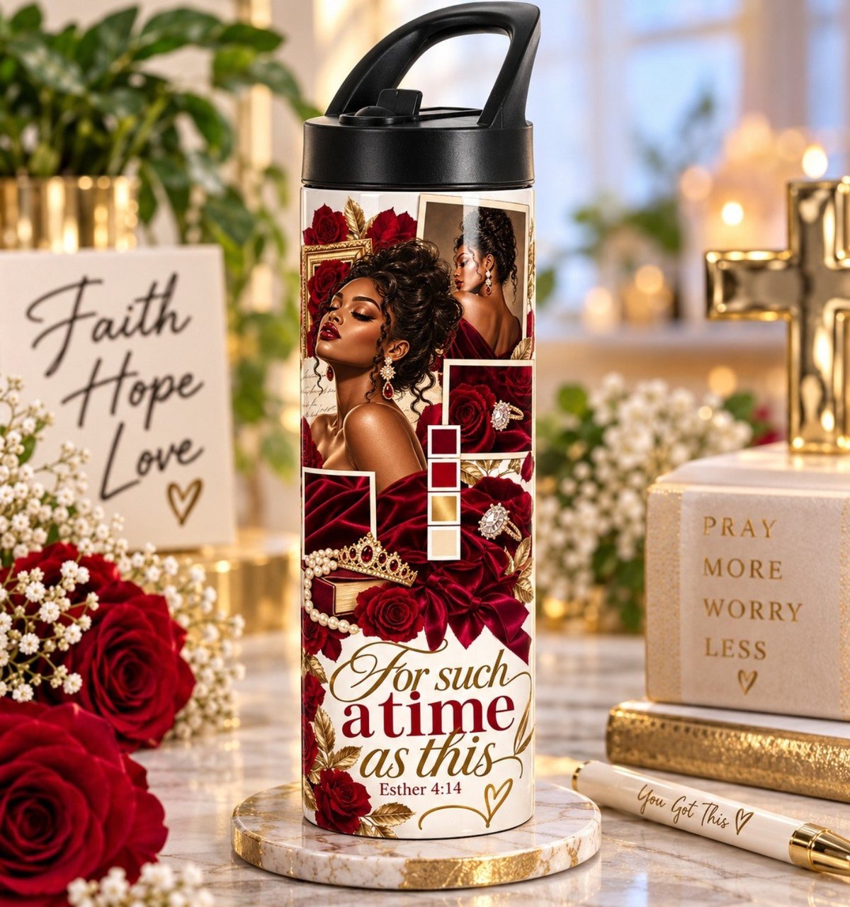 Beker met Blessed & Strong design in een warme styling — voorbeeld van een bedrukt ontwerp
