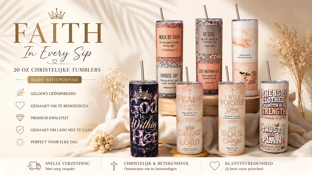 Faith-thema bekers in verschillende kleuren met inspirerende teksten en designs, gestyled met gedroogde bloemen