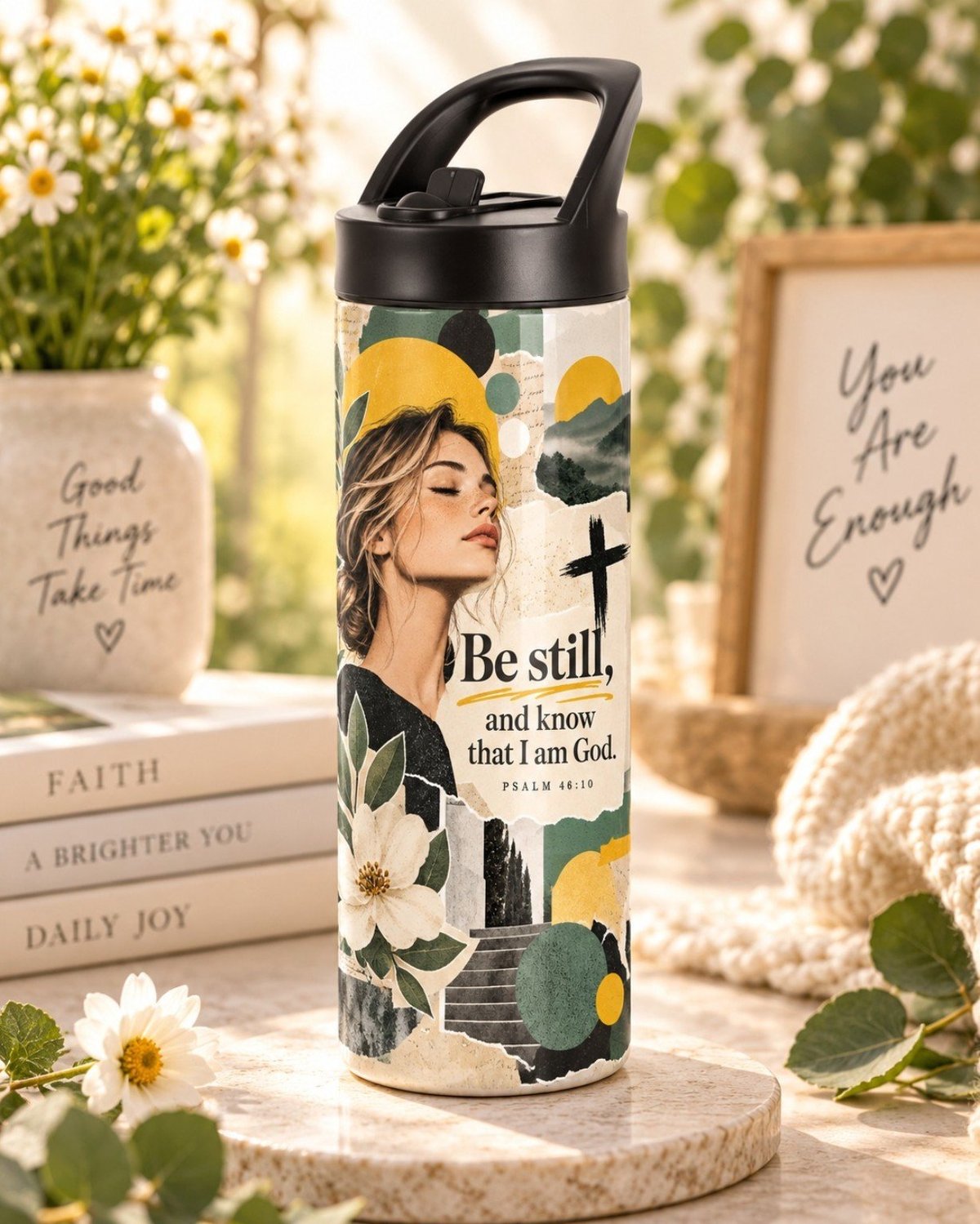 Beker met Rooted in Strength design in een warme styling met bloemen en boeken