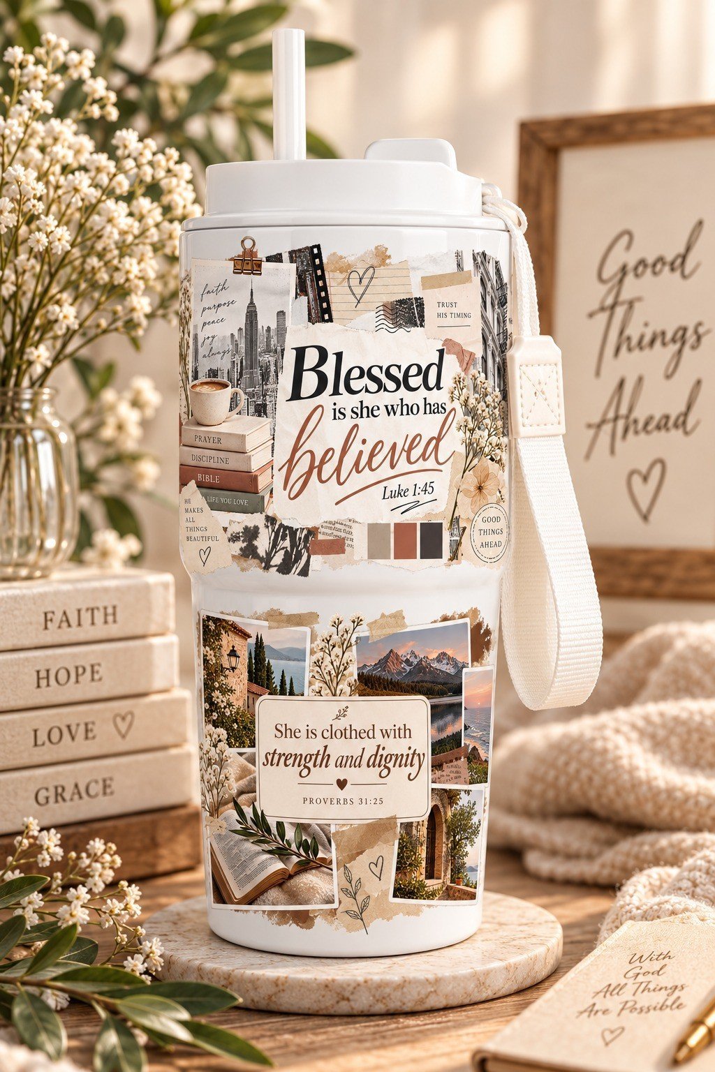 Witte travelbeker met draaglus en Blessed & Strong faith-design