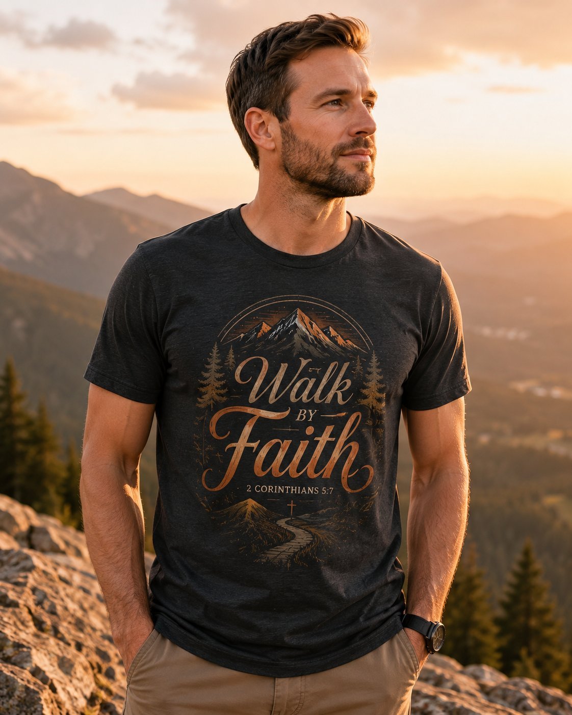 Zwart T-shirt met Walk by Faith en bergen