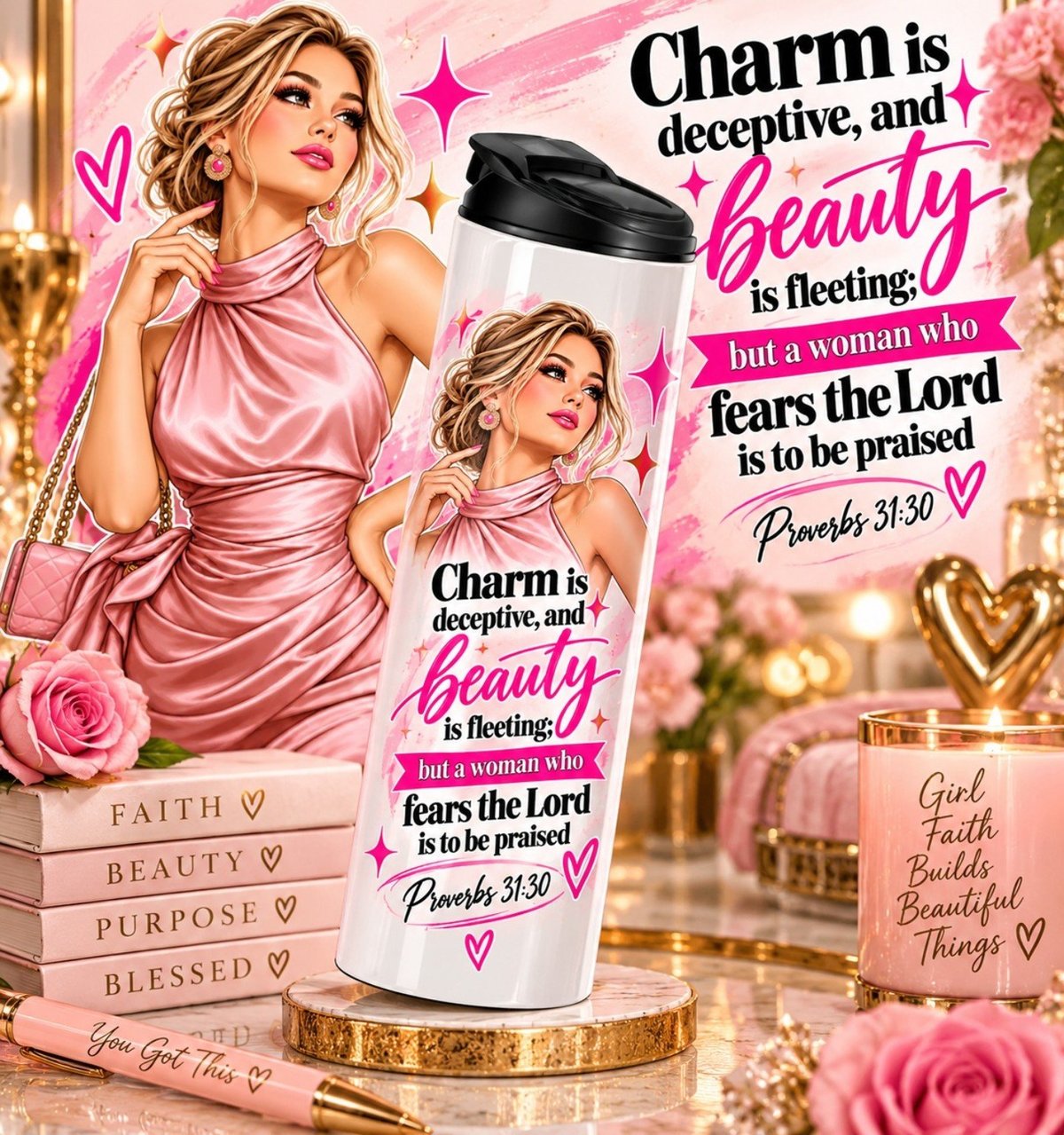 Slanke cilindrische beker met roze Proverbs 31 Beauty & Reverence design voor haar