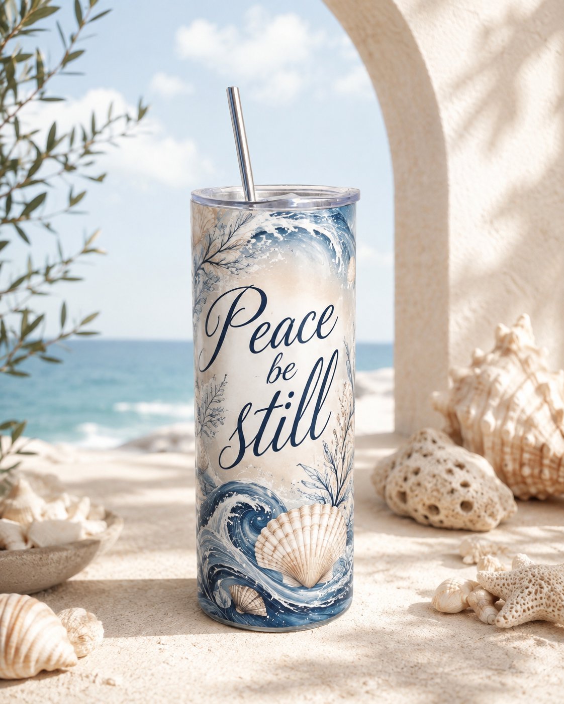 Coastal beker met Peace Be Still en golven