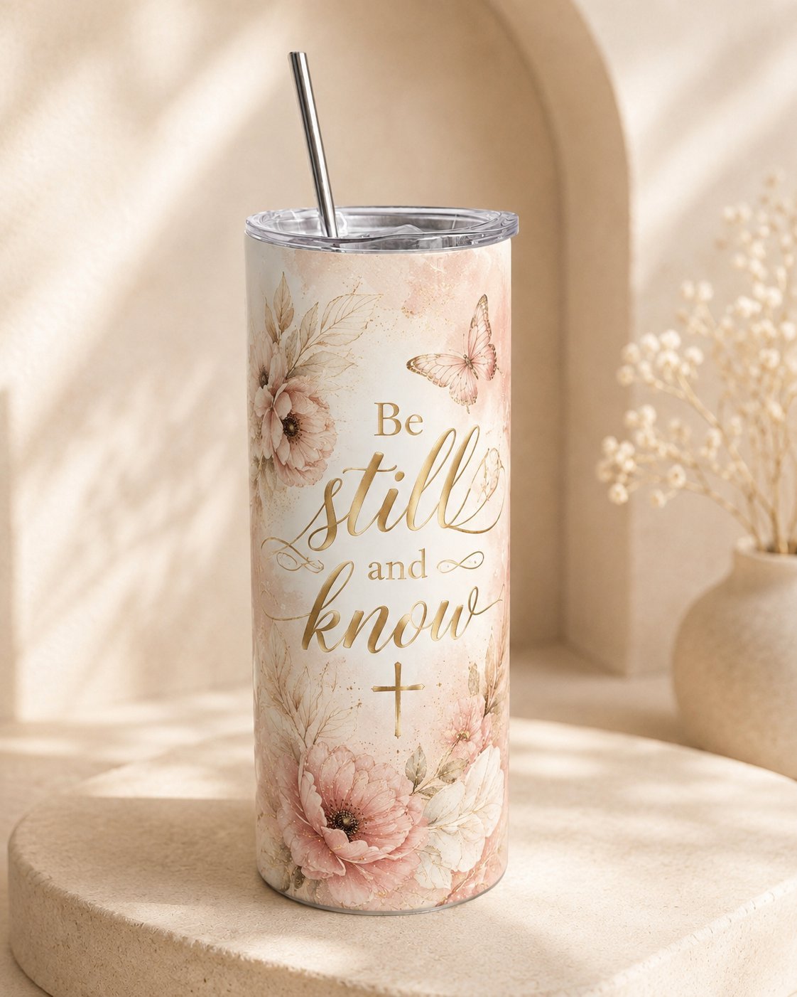 Beker met roze bloemen en Be Still