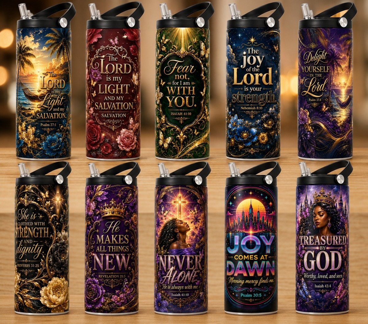 Tien spirituele waterflessen met gouden design en religieuze tekst, in twee rijen