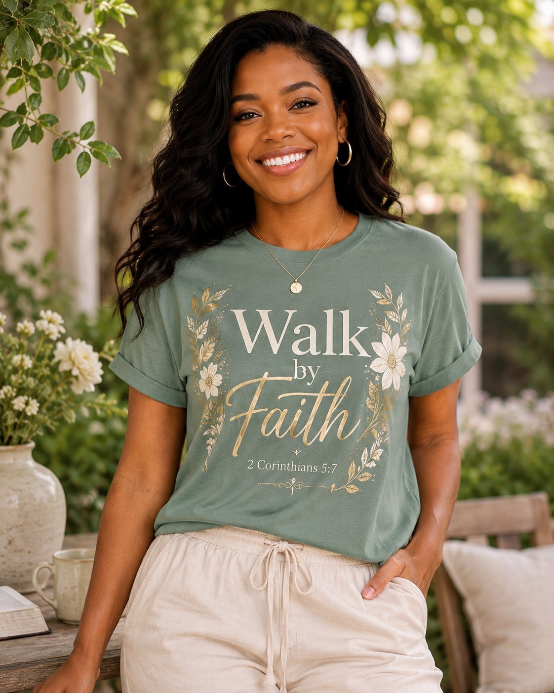 Saliegroen T-shirt met Walk by Faith