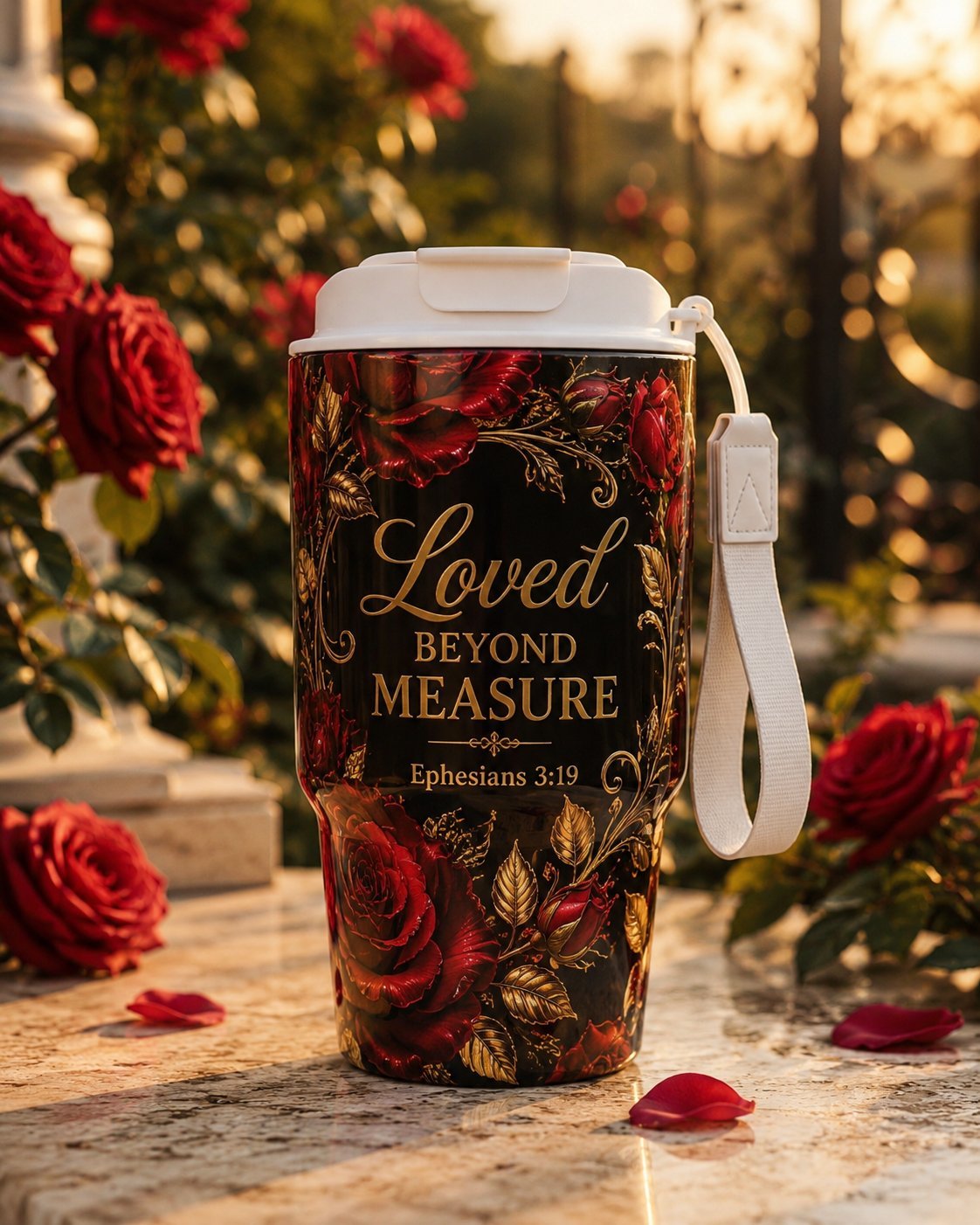 Travel mug met rode rozen en gouden tekst