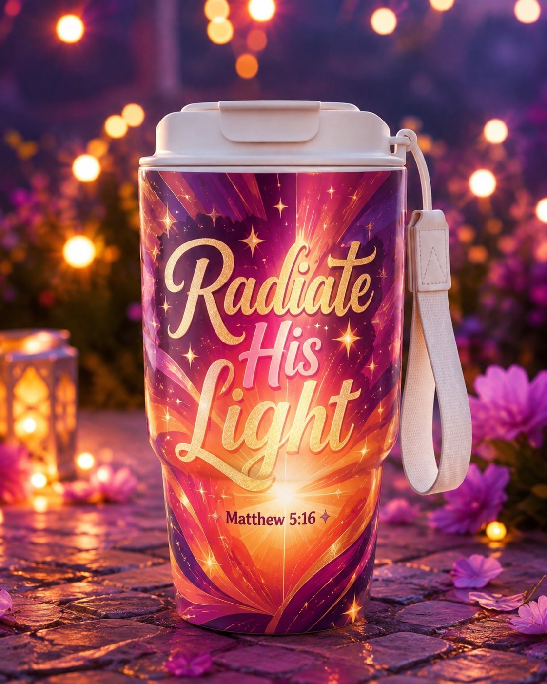 Travel mug met Radiate His Light in goud
