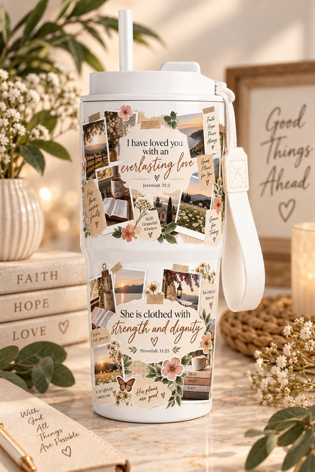 Witte travelbeker met draaglus en Everlasting Love & Strength faith-collage